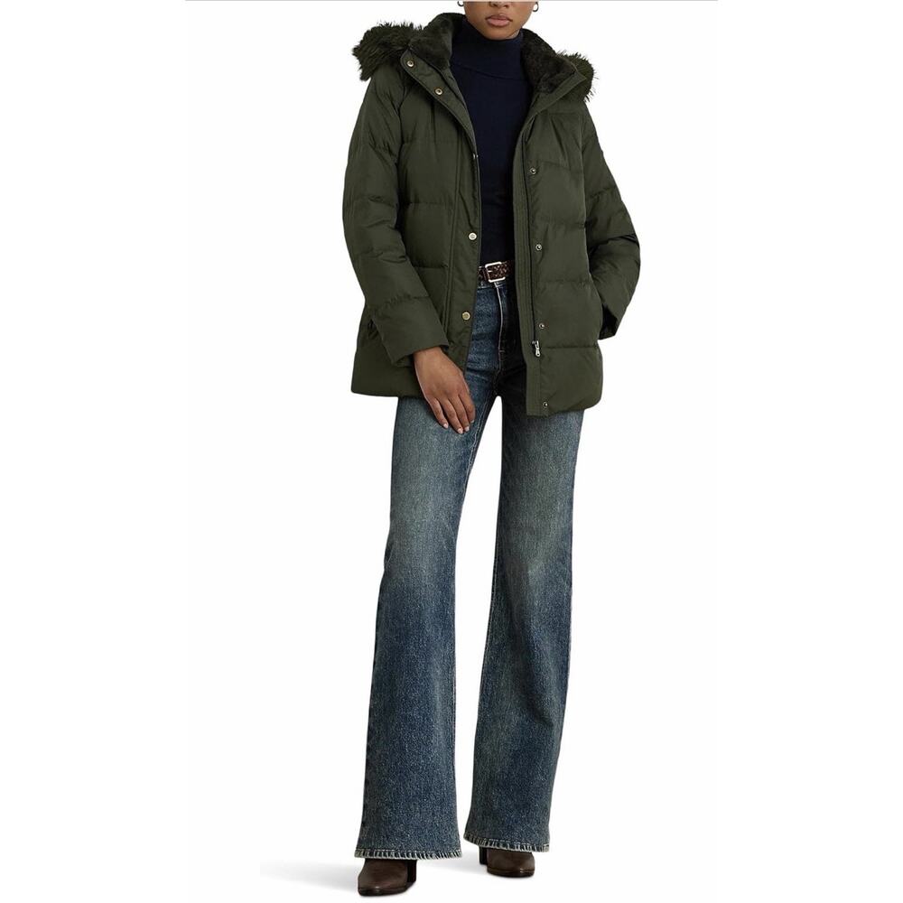 Lauren Ralph Icon Women’s XXS Short Puffer Jacket Faux Fur Lined Hood Green $315 - Picture 6 of 7